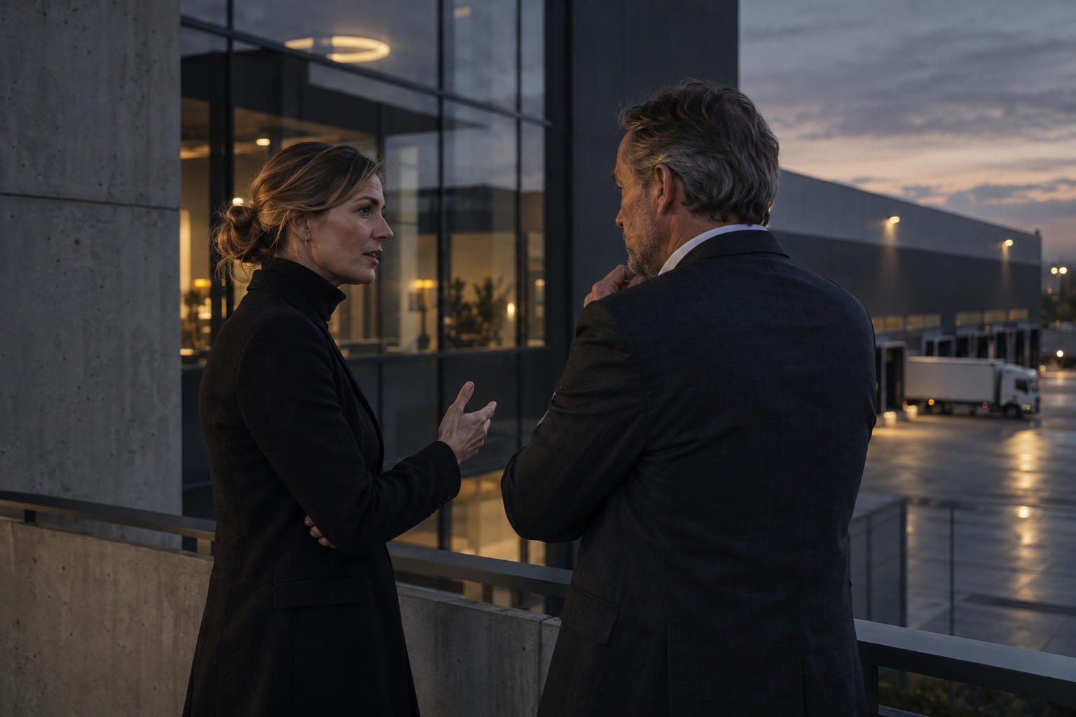 Zwei Personen im Gespräch auf einer Dachterrasse bei Dämmerung