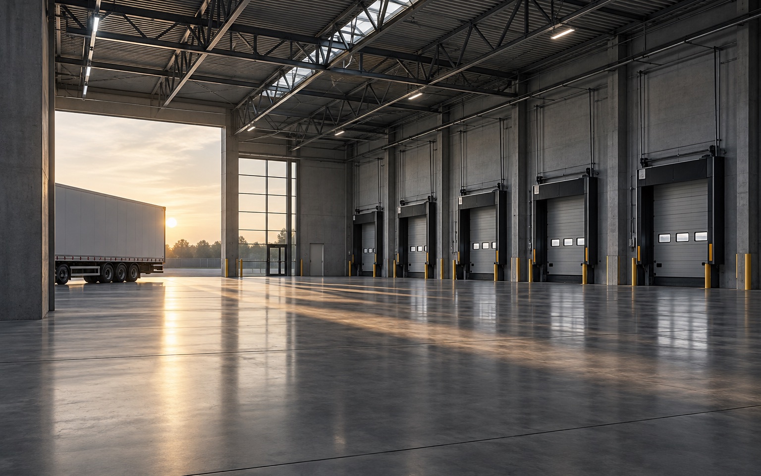 Leere Industriehalle mit hoher Deckenkonstruktion