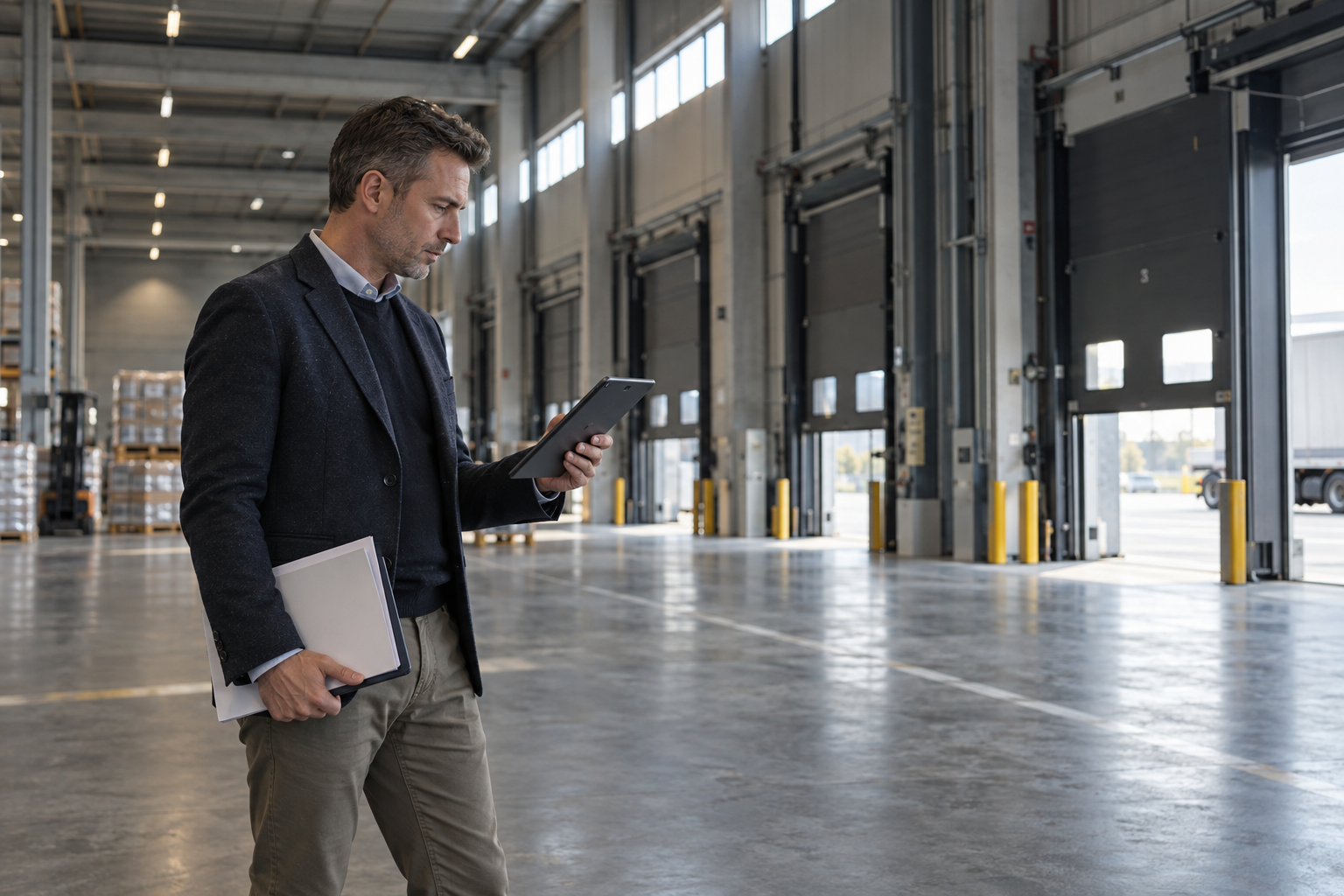 Innenansicht einer Logistik- und Produktionshalle mit Mitarbeiter am Tablet