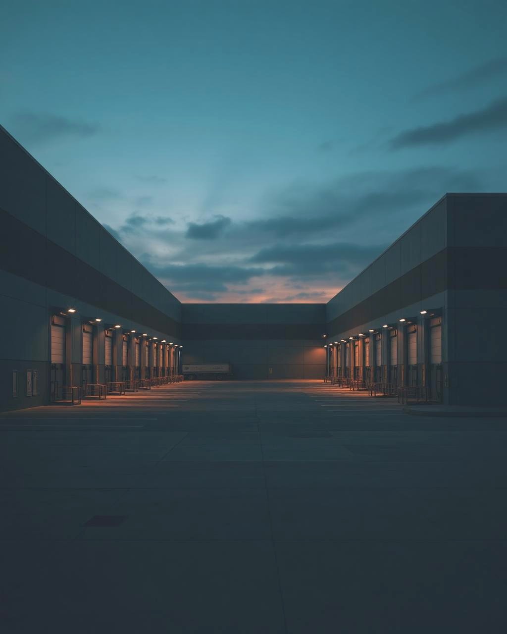 Logistikhalle mit Laderampen in der Abenddämmerung