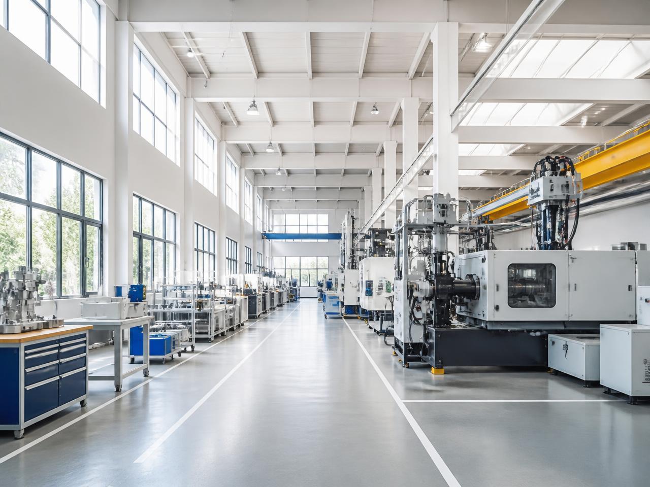 Moderne Produktionshalle mit Maschinen, Kran und Tageslicht
